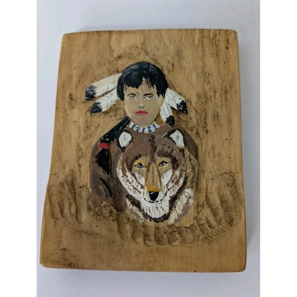 Hand Carved Wooden Plaque Native American Man Wolf Spirit Rustic Wall Art